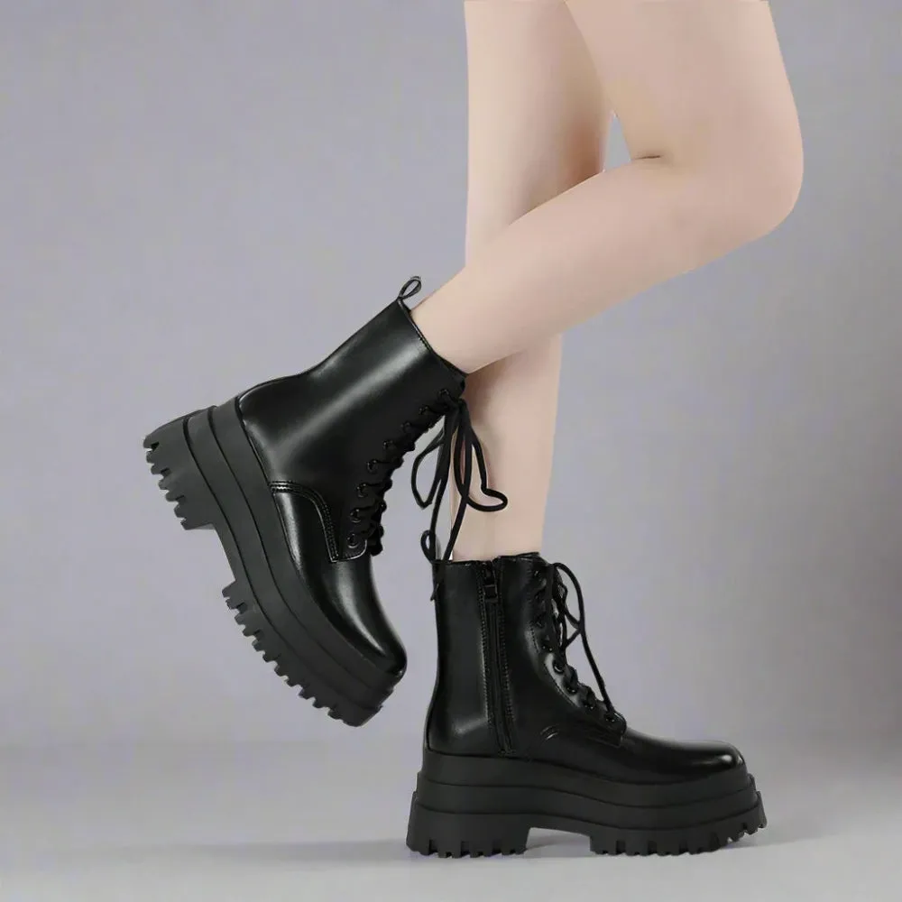 Edgy Lace-Up Combat Boots with Chunky Platform - Black